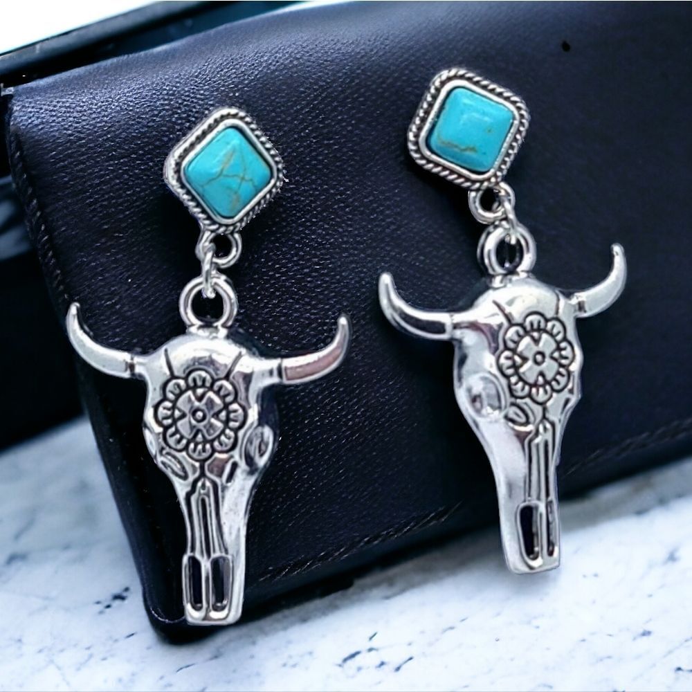 Longhorn Turquoise Western Steer Skull Earrings Silver Southwestern Boho Jewelry